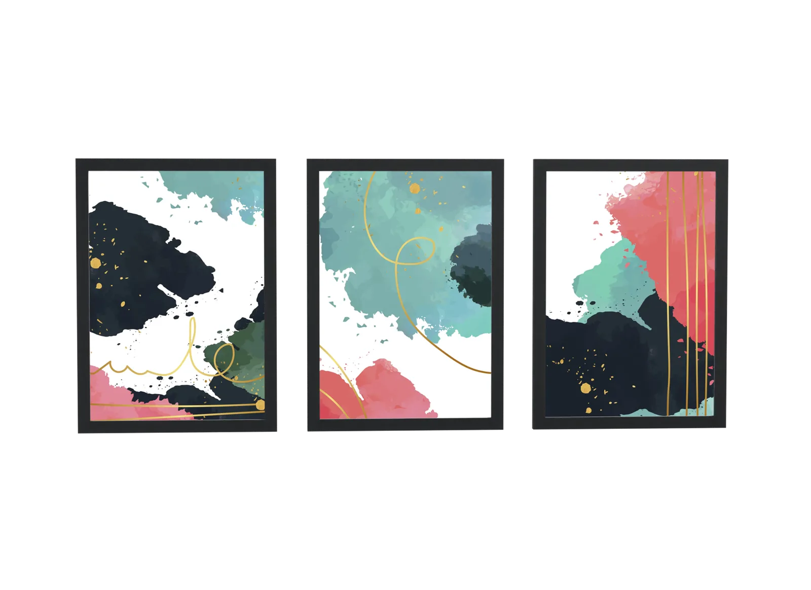 Pôster Trio aquarela em preto, verde-água e rosa emoldurado