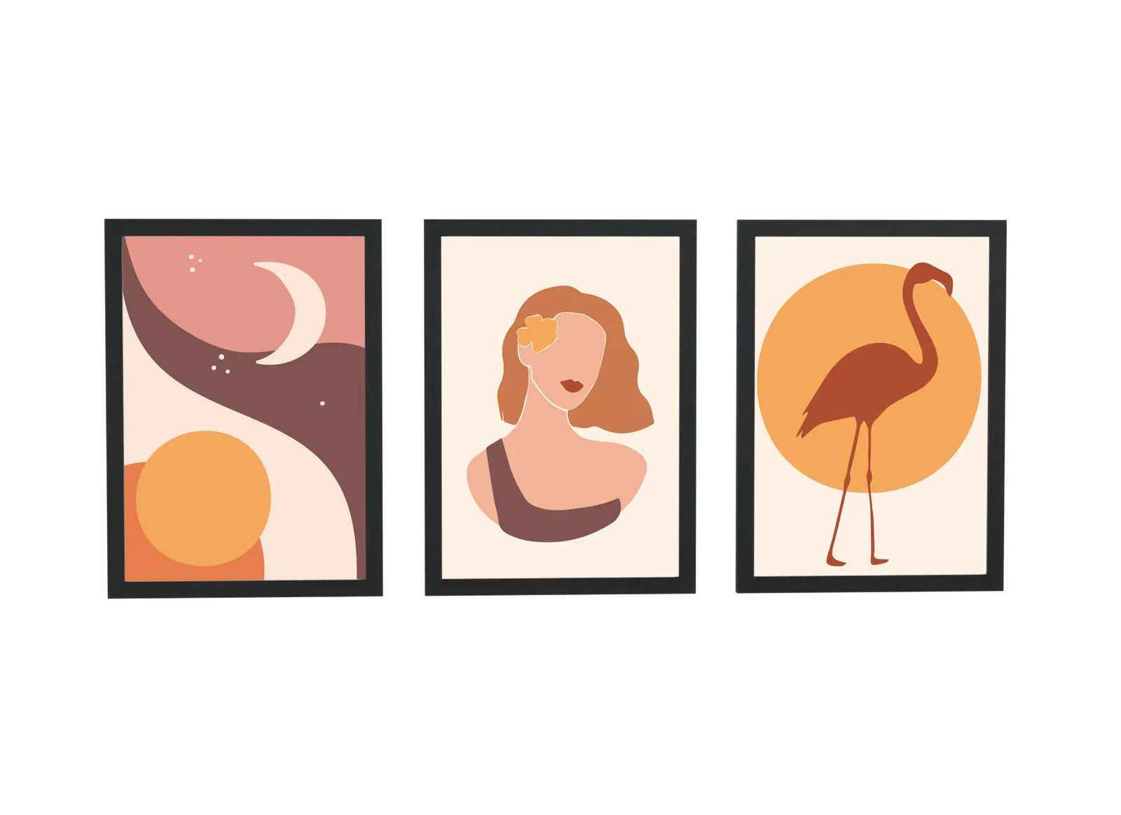 Pôster Trio boho de lua, mulher e flamingo emoldurado
