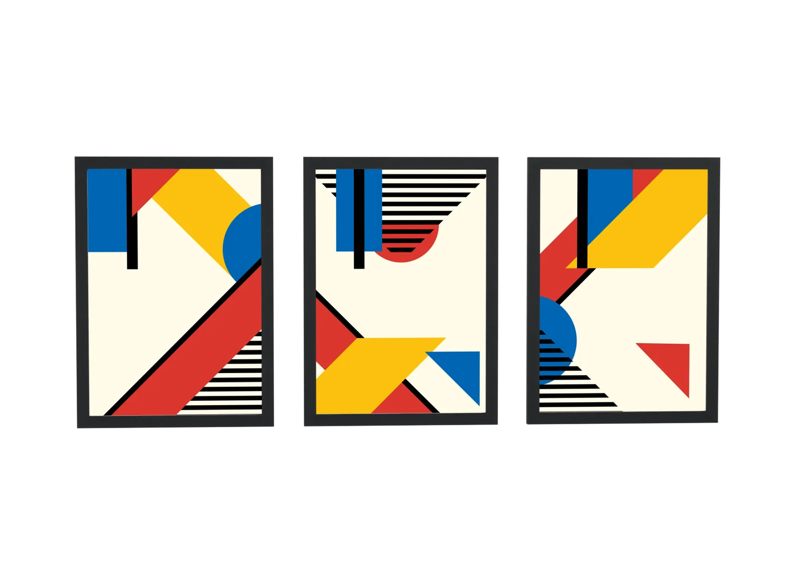 Pôster Trio bauhaus em vermelho, amarelo e azul emoldurado