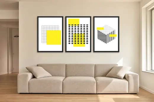 Pôster Trio pop art de casas e meias-luas emoldurado na parede: sala de estar ampla