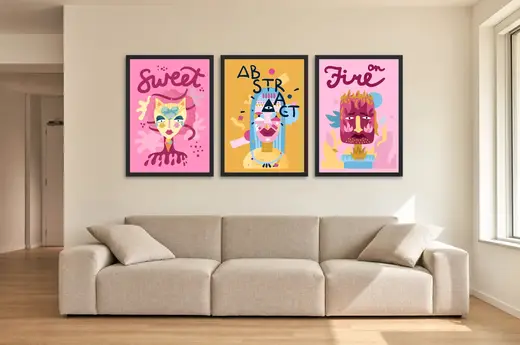 Pôster Trio pop art de gata, cubismo e fogo emoldurado na parede: sala de estar ampla