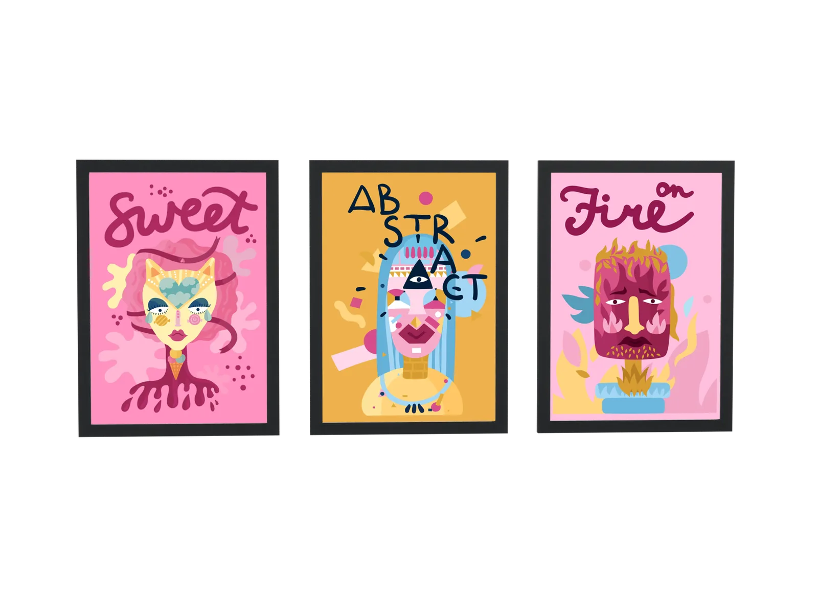 Pôster Trio pop art de gata, cubismo e fogo emoldurado