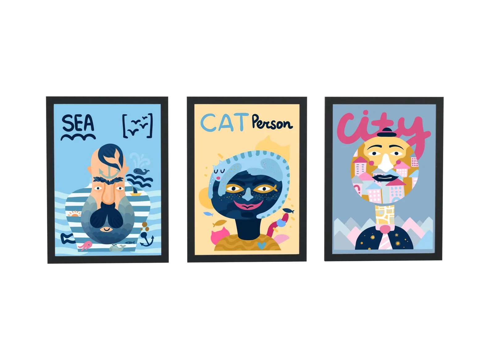 Pôster Trio pop art de marinheiro, gato e cidade emoldurado