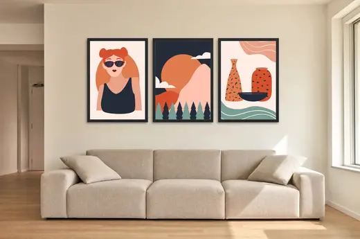 Pôster Trio ilustrado de mulher, paisagem e vasos emoldurado na parede: sala de estar ampla