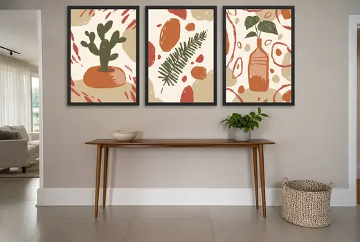 Pôster Trio boho de cacto, folha e vaso emoldurado na parede: hall de entrada