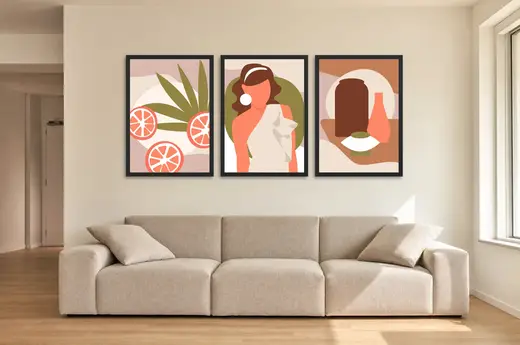 Pôster Trio ilustrado de laranjas, retrato e vasos emoldurado na parede: sala de estar ampla