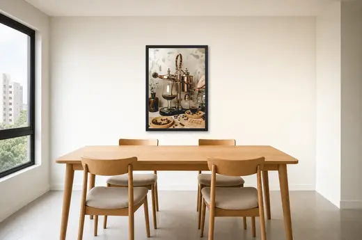 Pôster Máquina de café vintage dourada emoldurado na parede: sala de jantar