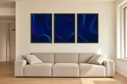 Pôster Trio abstrato de ondas em azul e roxo emoldurado na parede: sala de estar ampla