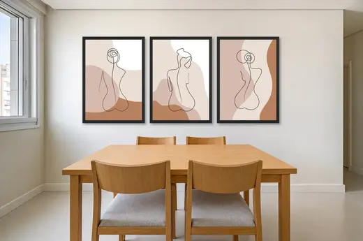 Pôster Trio de silhuetas femininas em traço contínuo emoldurado na parede: sala de jantar clara