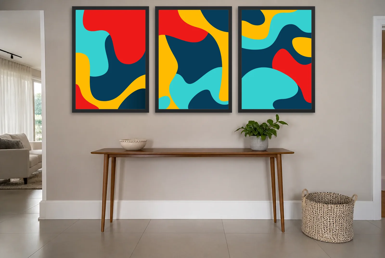 Pôster Trio abstrato ondulado em vermelho e turquesa emoldurado na parede: hall de entrada