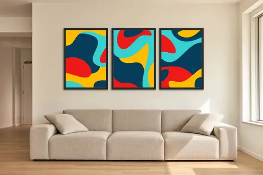 Pôster Trio abstrato em mosaico de turquesa e vermelho emoldurado na parede: sala de estar ampla