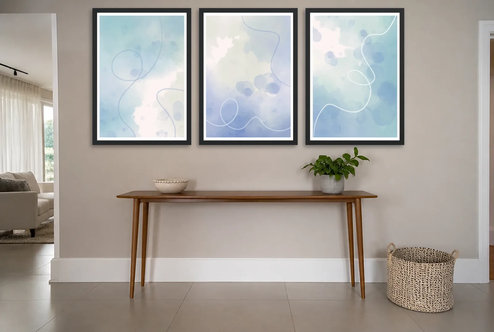 Pôster Trio abstrato em aquarela azul suave emoldurado na parede: hall de entrada