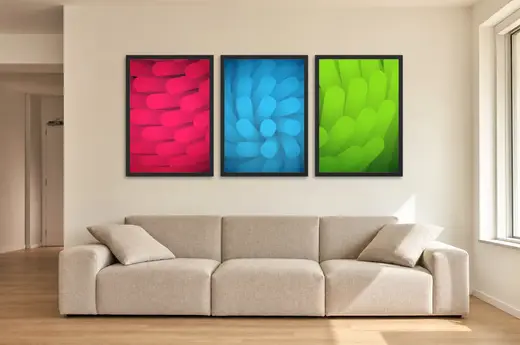 Pôster Trio de texturas orgânicas coloridas emoldurado na parede: sala de estar ampla