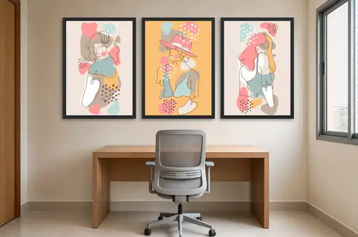 Pôster Trio ilustrado de mulheres em colagem pastel emoldurado na parede: home office