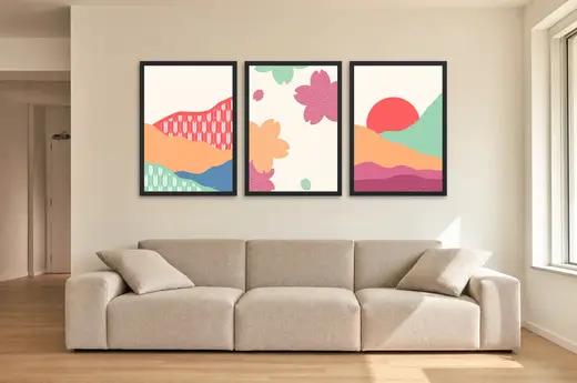 Pôster Trio japonês de montanhas e flor de cerejeira emoldurado na parede: sala de estar ampla