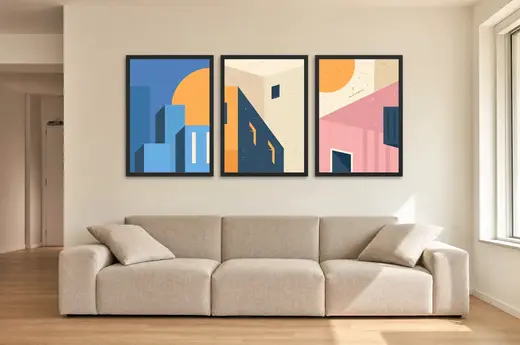 Pôster Trio arquitetônico de fachadas coloridas emoldurado na parede: sala de estar ampla