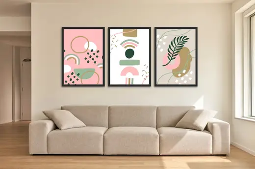 Pôster Trio abstrato de arco-íris em rosa emoldurado na parede: sala de estar ampla