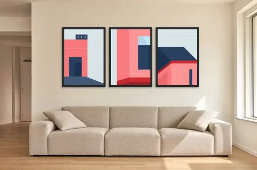 Pôster Trio arquitetônico em coral e azul-marinho emoldurado na parede: sala de estar ampla