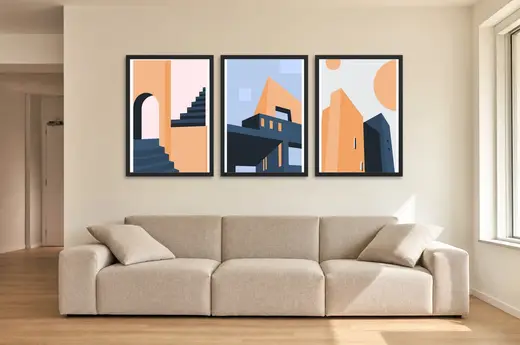 Pôster Trio arquitetônico em terracota e azul-claro emoldurado na parede: sala de estar ampla