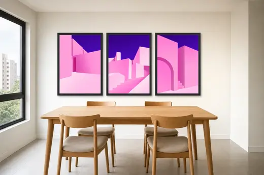 Pôster Trio arquitetônico em rosa-choque e roxo emoldurado na parede: sala de jantar