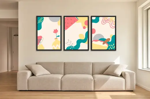 Pôster Trio ilustrado de flor, melancia e formas emoldurado na parede: sala de estar ampla
