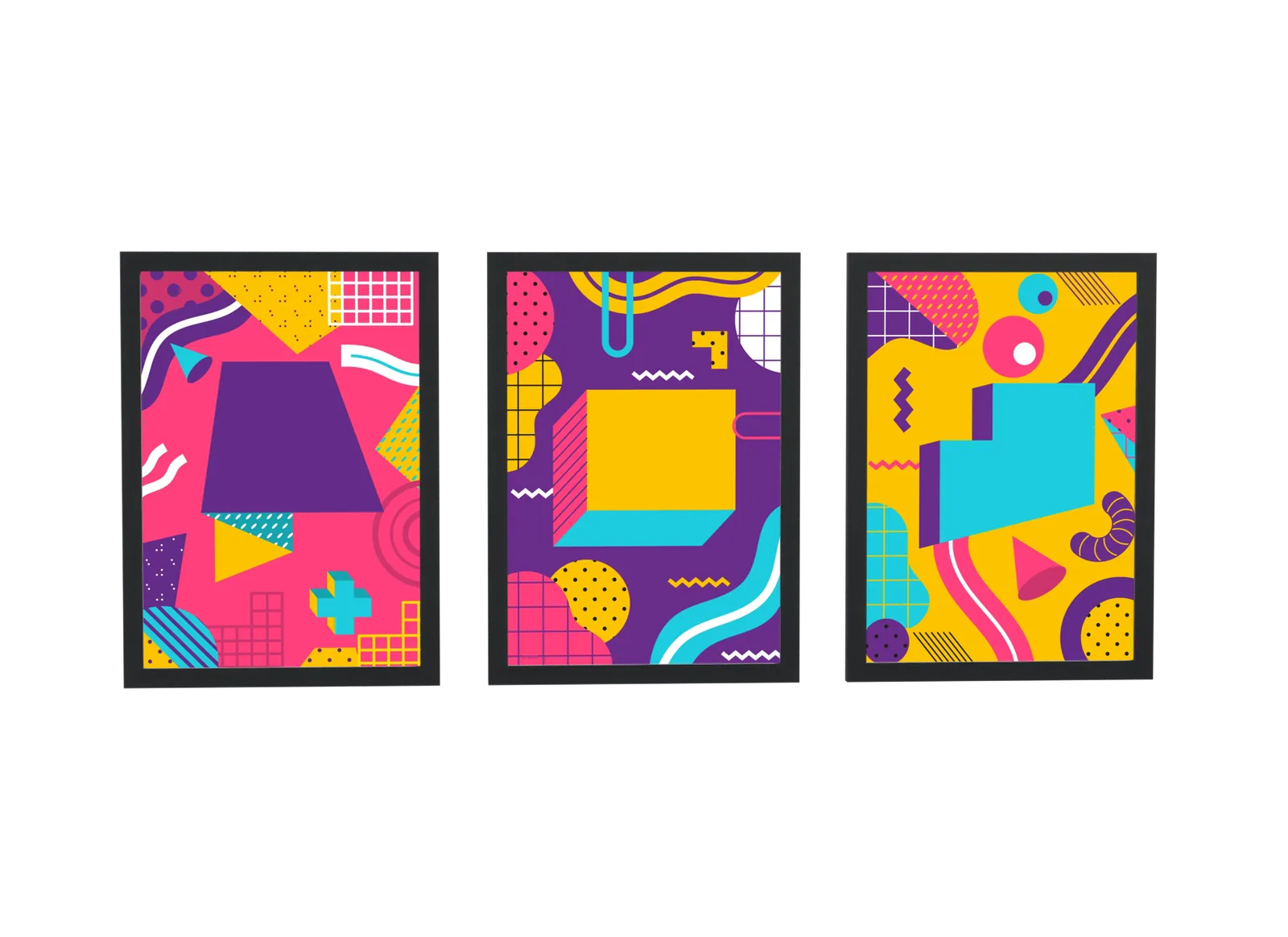 Pôster Trio memphis em magenta e amarelo emoldurado