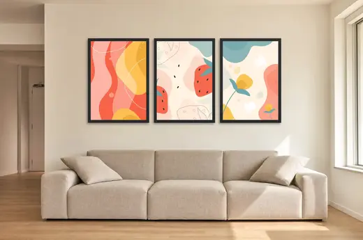 Pôster Trio abstrato de melancia e flor em coral emoldurado na parede: sala de estar ampla
