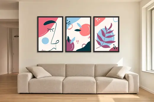 Pôster Trio ilustrado de rosto, frutas e folhas emoldurado na parede: sala de estar ampla