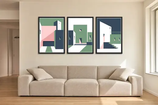 Pôster Trio arquitetônico em verde e rosa emoldurado na parede: sala de estar ampla