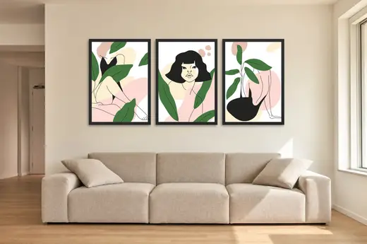 Pôster Trio de mulher e folhas em traço contínuo emoldurado na parede: sala de estar ampla