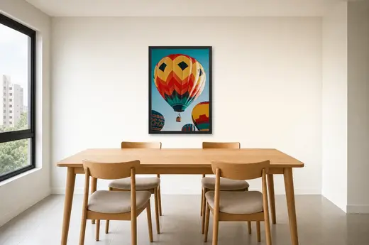 Pôster Balões de ar quente coloridos emoldurado na parede: sala de jantar