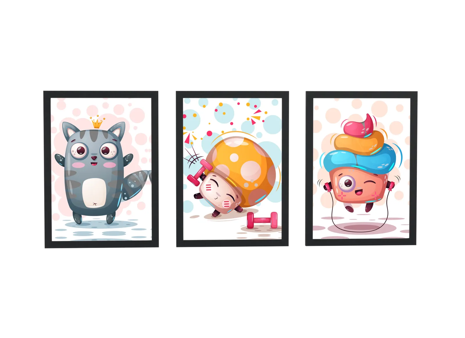 Pôster Trio kawaii de gato, cogumelo e morango emoldurado