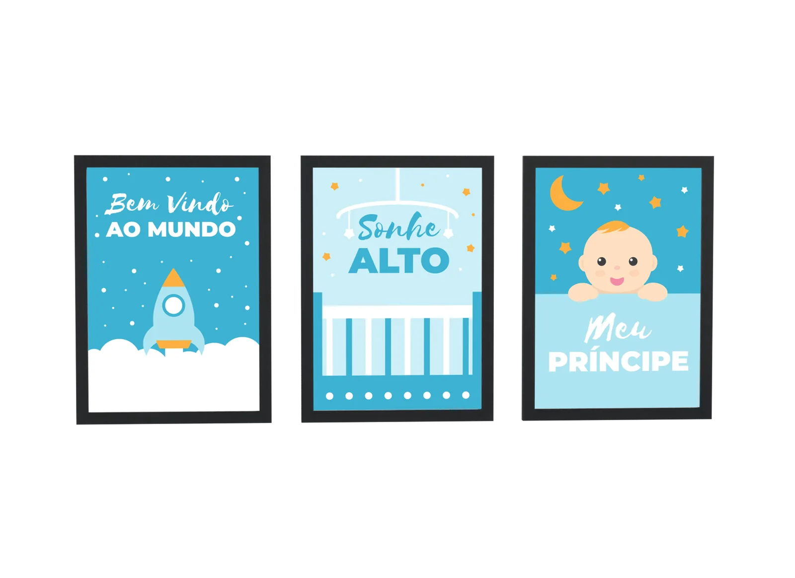 Pôster Trio infantil de foguete e berço azul emoldurado