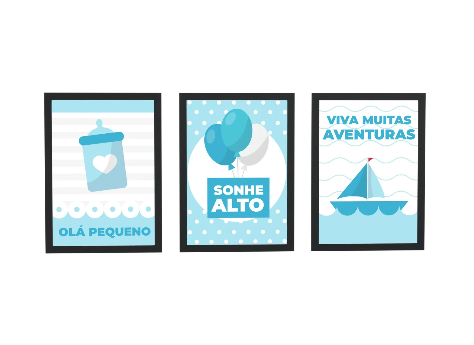 Pôster Trio infantil de mamadeira e veleiro emoldurado
