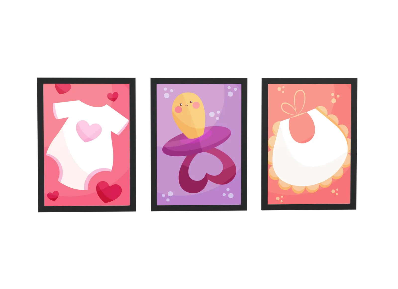 Pôster Trio infantil de body e chupeta rosa emoldurado