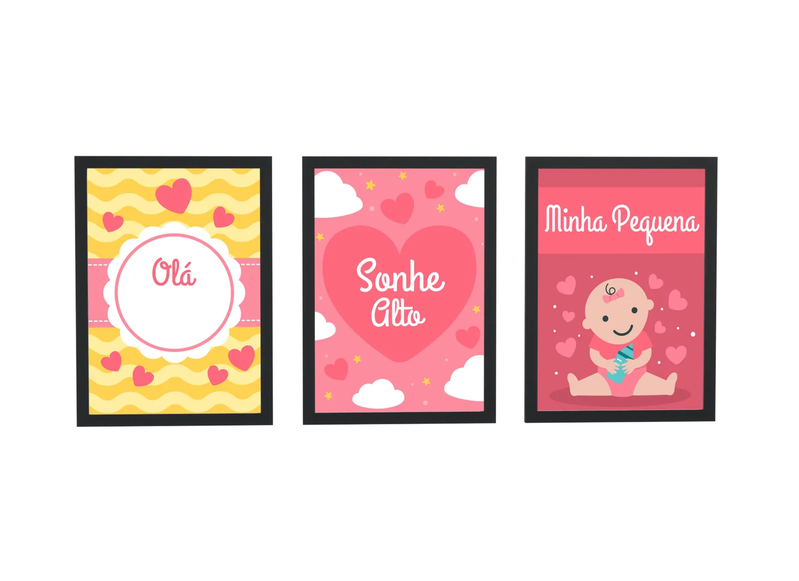Pôster Trio infantil de corações em amarelo e coral emoldurado