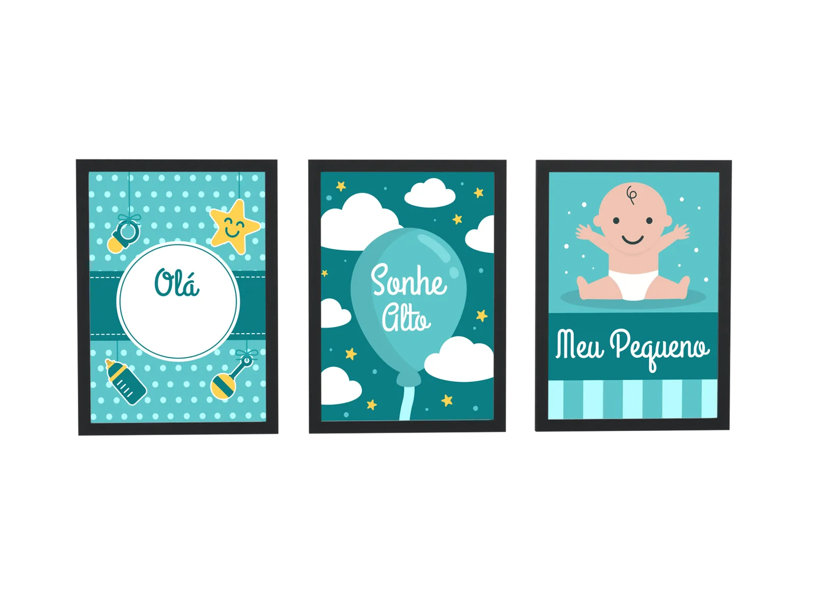 Pôster Trio infantil de estrela e balão em verde-água emoldurado