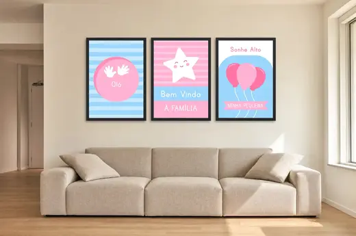 Pôster Trio infantil de mãozinha e estrela em rosa emoldurado na parede: sala de estar ampla