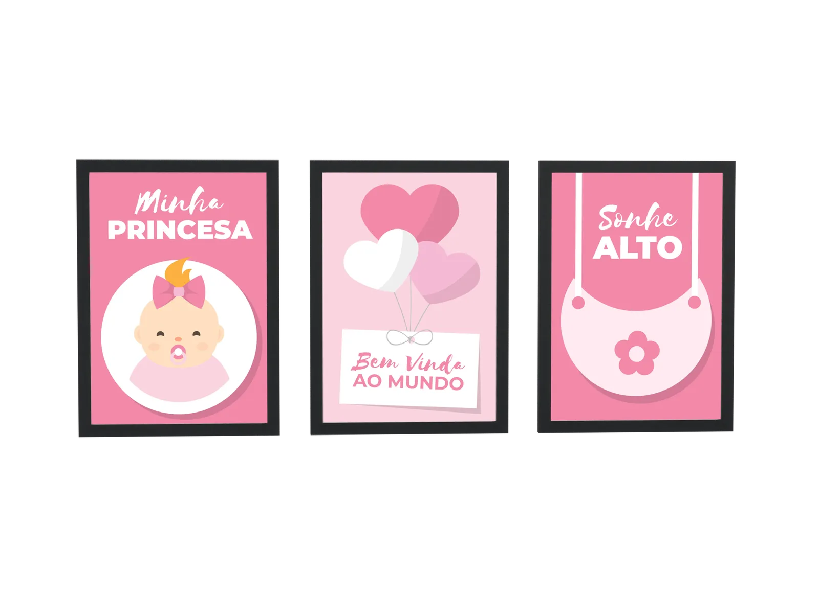 Pôster Trio infantil de balões de coração em rosa emoldurado