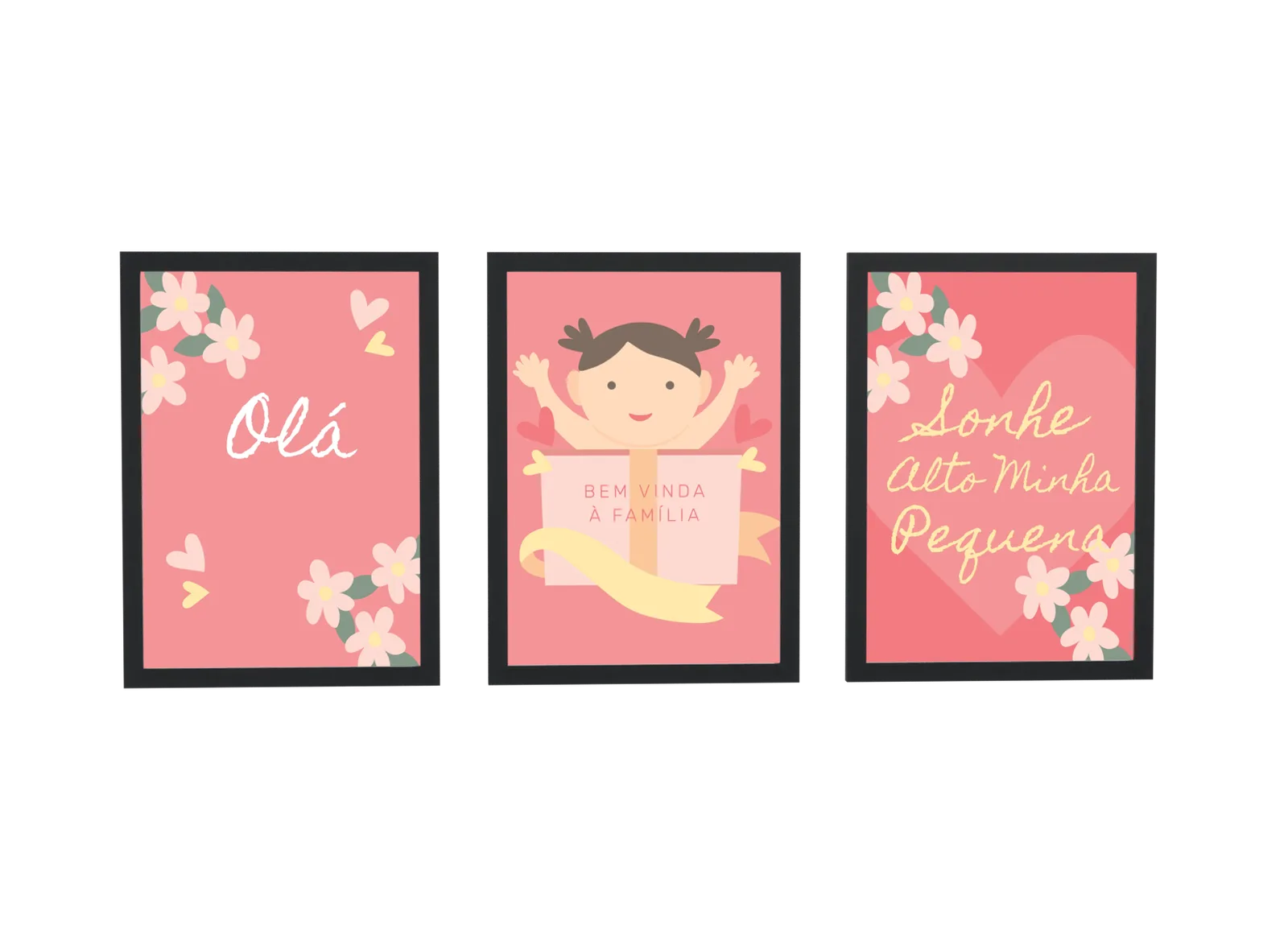 Pôster Trio infantil floral em coral e dourado emoldurado