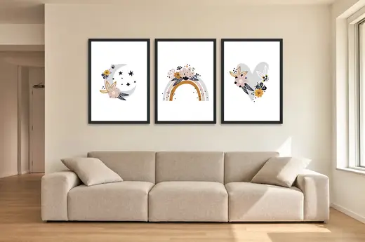 Pôster Trio infantil boho de lua e arco-íris emoldurado na parede: sala de estar ampla