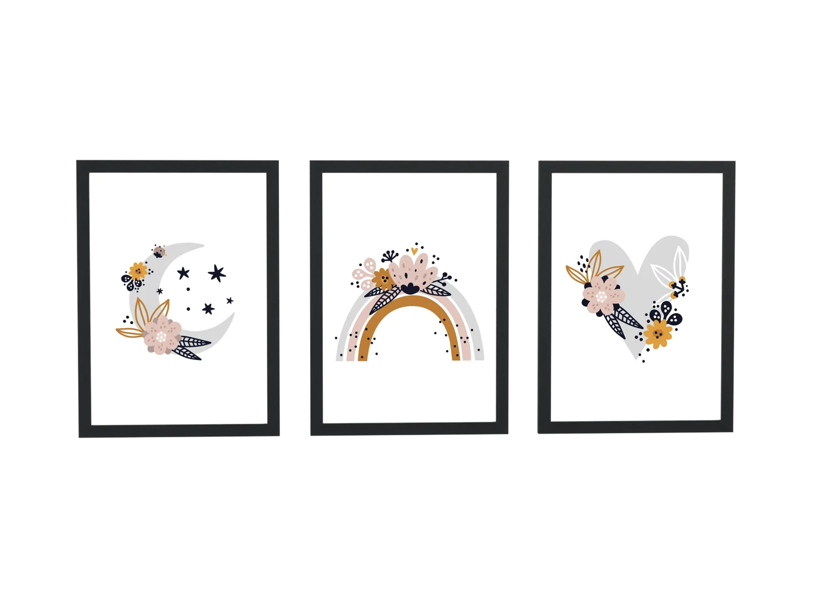 Pôster Trio infantil boho de lua e arco-íris emoldurado