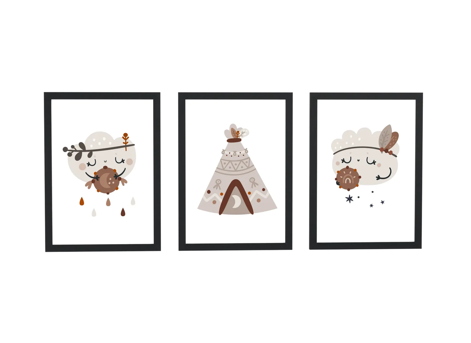 Pôster Trio infantil boho de lua e tenda indígena emoldurado