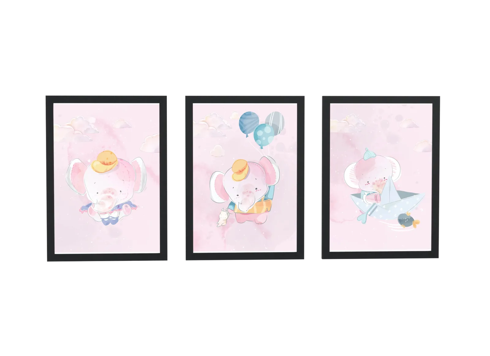 Pôster Trio de elefantinhos em aquarela rosa emoldurado