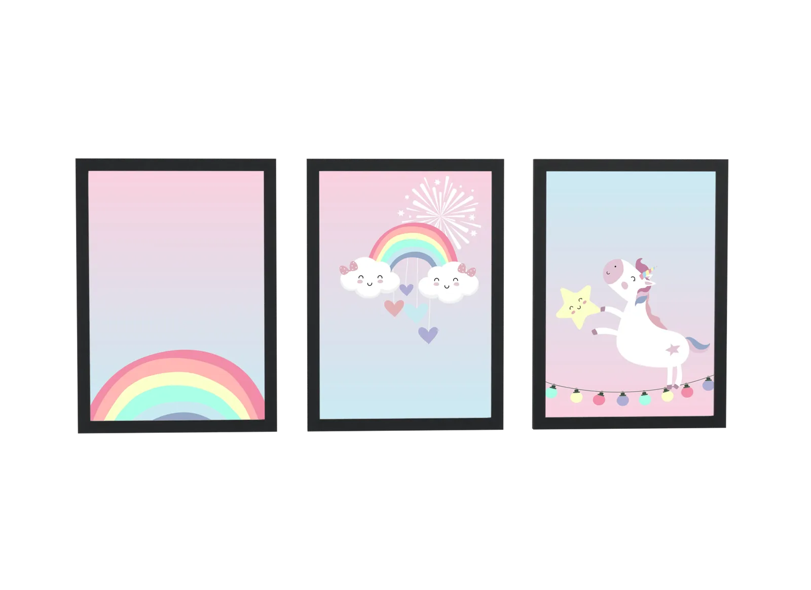 Pôster Trio infantil de unicórnio e arco-íris pastel emoldurado