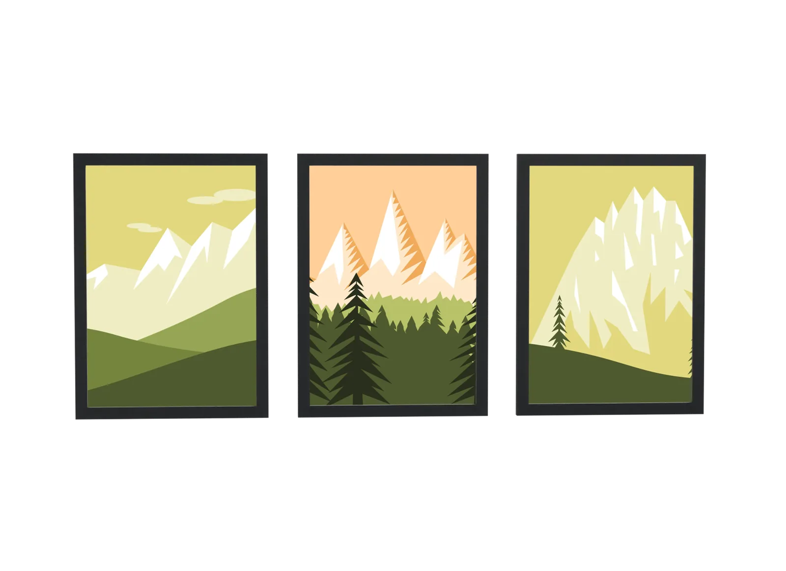 Pôster Trio de montanhas em ilustração mostarda emoldurado