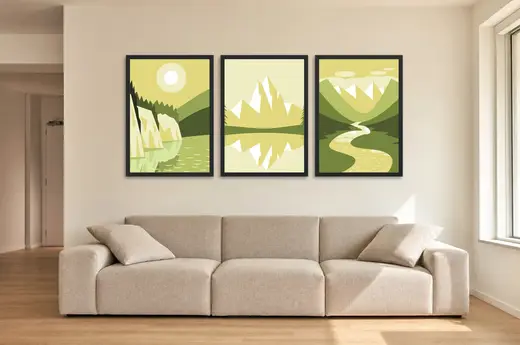 Pôster Trio de montanhas com reflexo no lago emoldurado na parede: sala de estar ampla