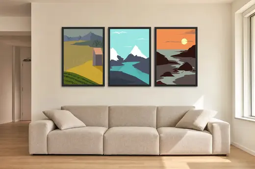Pôster Trio de celeiro, montanha e pôr do sol emoldurado na parede: sala de estar ampla