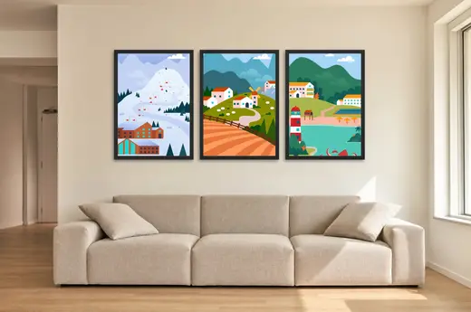 Pôster Trio de vilarejos ilustrados em mapa emoldurado na parede: sala de estar ampla