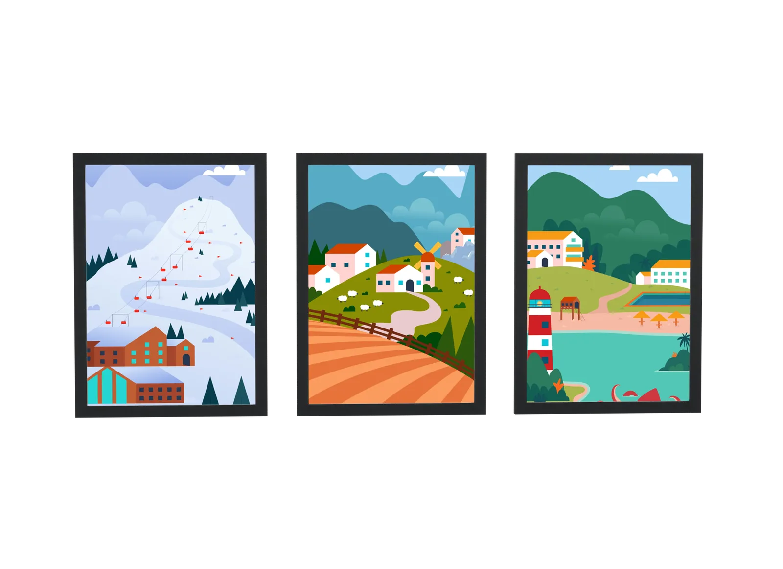 Pôster Trio de vilarejos ilustrados em mapa emoldurado
